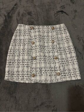SHEIN White and Black Plaid Tweed Double-Breasted Mini Skirt